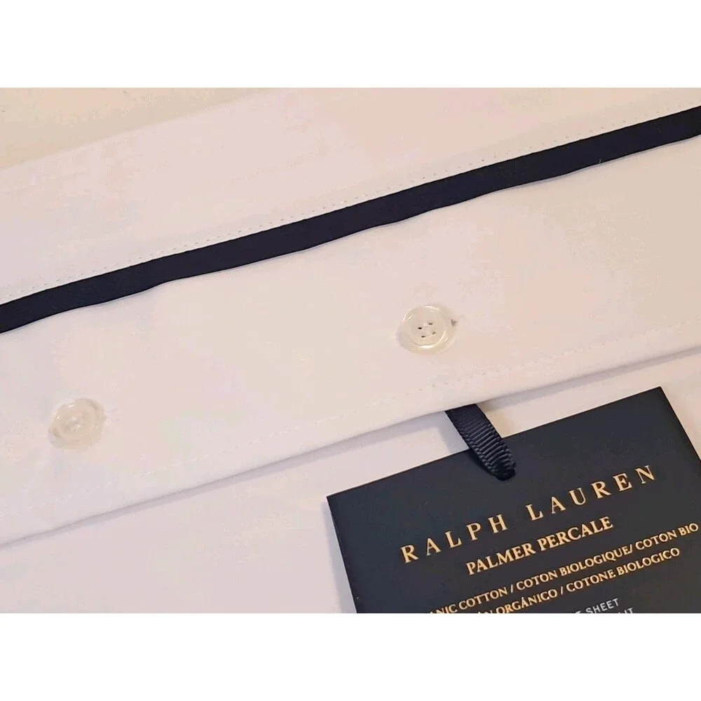 NEW Ralph Lauren Palmer Percale Org Cotton Queen Flat Sheet White Navy 96x108in